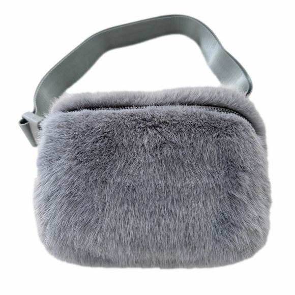 The Cashmere Project Faux Fur Fuzzy Belt Bag Fanny Pack Gray Siper Soft NEW